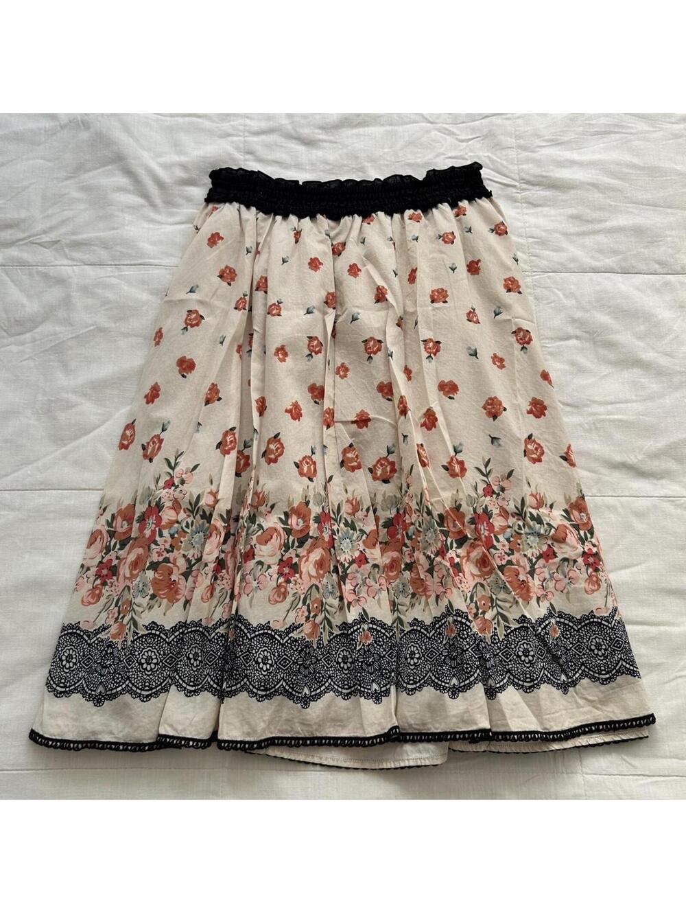 Axes Femme Ivory Floral Border Print Midi Skirt Mori Kei M Japan
